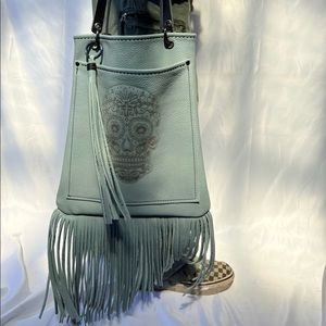 Handmade Seafoam Blue Leather Fringe Tote Bag